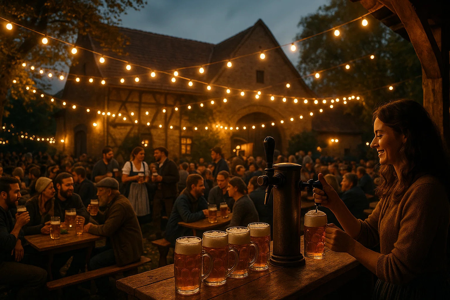Stimmungsvolles Bierfest auf einem Gutshof mit Menschen, Lichtern und Zapfhahn